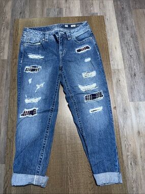 Miss Me Distressed Boyfriend Jeans with Plaid Patches - Blue